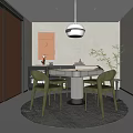 Hotel Mahjong Room Interior Design With Round Table Green Chairs Pendant Light and Potted Plant