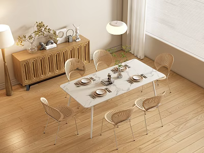 Modern White Marble Dining Table Set with Six Chairs Sideboard Decorations and Pendant Light 3d model
