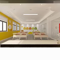 Colorful Preschool Classroom Interior With Cartoon Wall Decor Children Tables Chairs And Large Screen