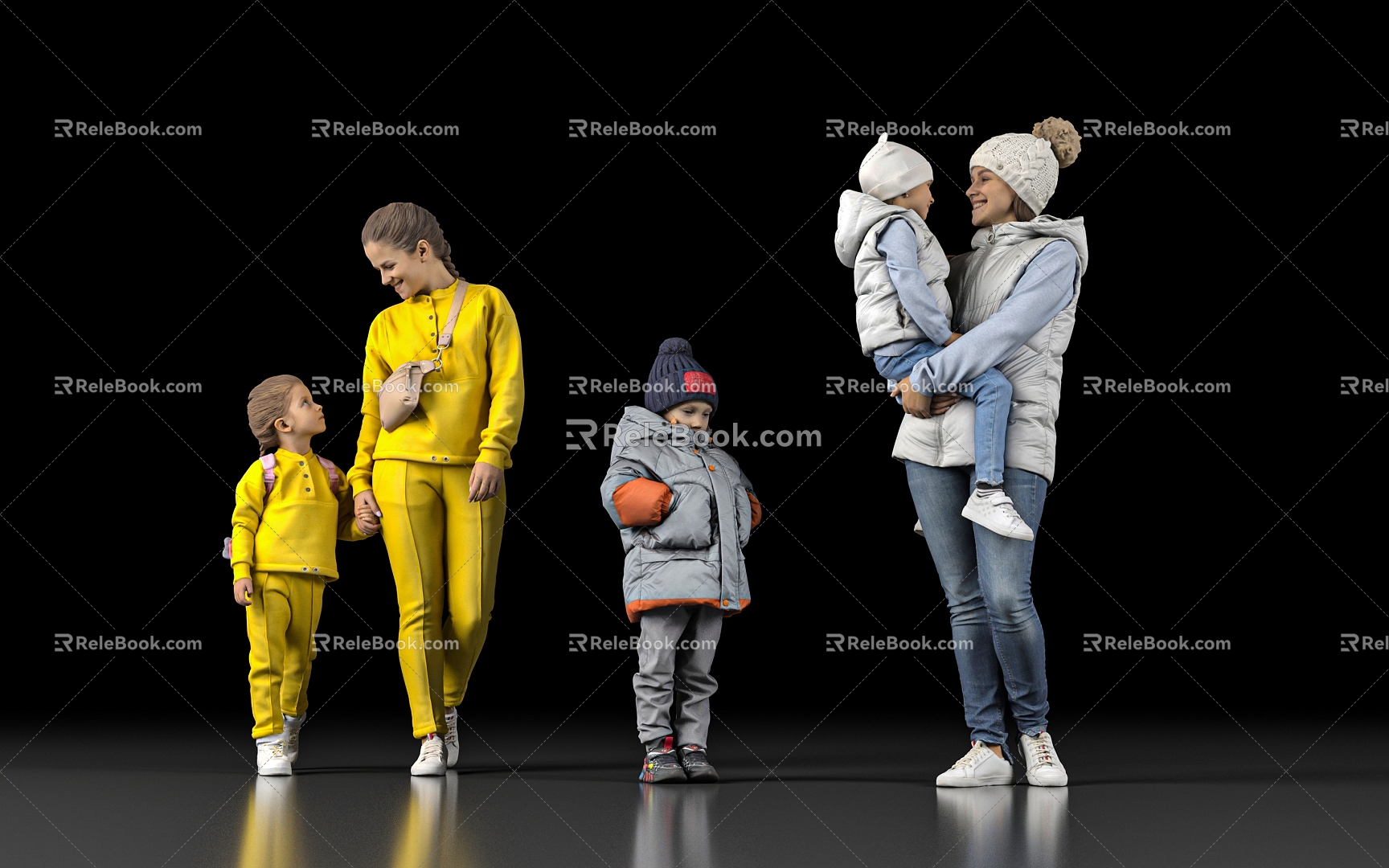 Parent-Child Mother-Child Woman Mother Child Child Costume Model Costume Winter Costume Winter Multi-Person Standing Scene City Playground 3d model