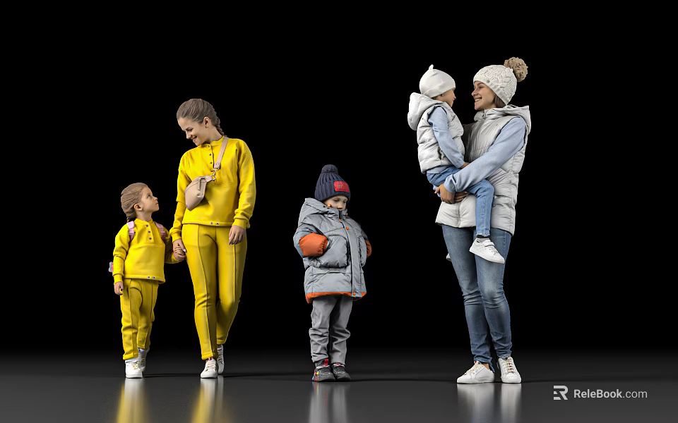 Adults and Children Wearing Yellow Grey and Light Clothes Standing Together with Child in Arms 3d model 