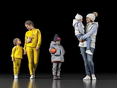 Adults and Children Wearing Yellow Grey and Light Clothes Standing Together with Child in Arms 3d model