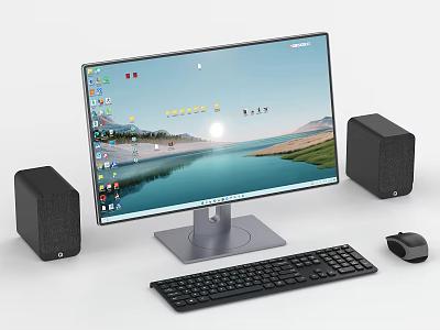 Modern Desktop Computer Setup With Monitor Scenic Display Keyboard Mouse And Speakers 3d model