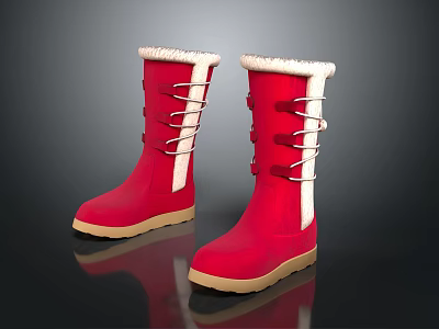 Red Winter Boots With Faux Fur Trim White Laces And Beige Sole 3d model