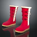 Red Winter Boots With Faux Fur Trim White Laces And Beige Sole