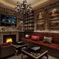 Modern Bar Interior Design With Neon Lights Colorful Flags Wine Racks And Casual Seating