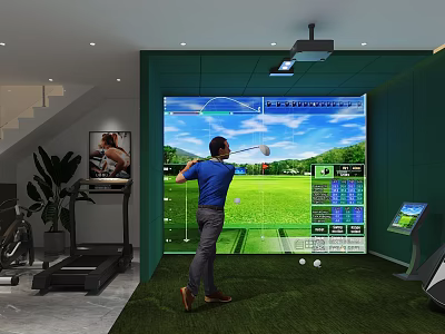 Green Wall Basement Interior With Golf Simulator Large Screen And Fitness Equipment 3d model