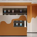 Modern Interior Space With Orange Walls Circular Decorations And White Furniture