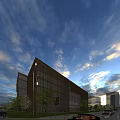 Modern Office Building Exterior With Wooden Facade Glass Windows Green Trees Road And Cars