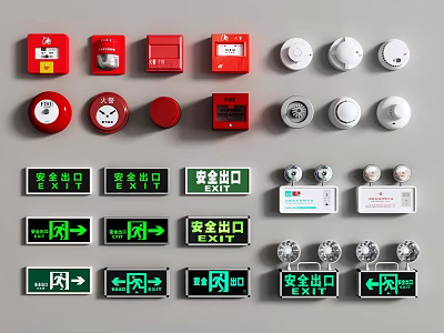 Fire Safety Equipment Collection Featuring Alarm Buttons Smoke Detectors Exit Signs Green Directional Indicators 3d model