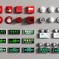 Fire Safety Equipment Collection Featuring Alarm Buttons Smoke Detectors Exit Signs Green Directional Indicators