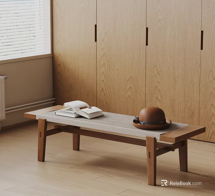 Minimalist Wooden Coffee Table With Books And Hat Near Window And Cabinets 3d model 
