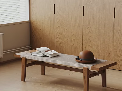 Minimalist Wooden Coffee Table With Books And Hat Near Window And Cabinets 3d model