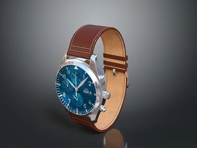 Classic Watch With Brown Leather Strap Silver Case Blue Dial And Clear Numbers 3d model