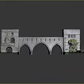 Ancient Stone Bridge Model with Twin Towers Multiple Arches Small Pool and Green Plants