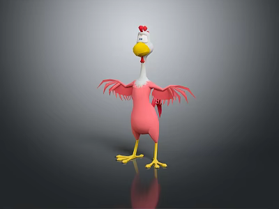 3D Game Film Character Pink Chicken With Yellow Beak Feet White Neck And Red Comb 3d model