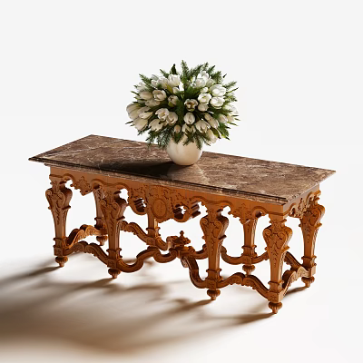 Elegant Intricately Carved Wooden Console Table With Marble Top And White Flower Vase 3d model