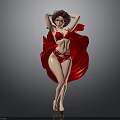 Striking Woman In Red Lingerie With Flowing Red Cape And Elegant Pose