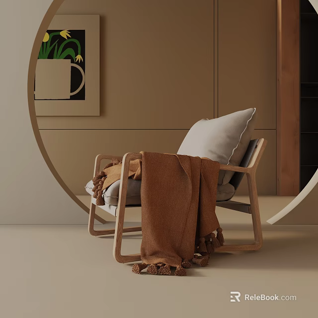 Comfortable Wooden Frame Accent Chair With Soft Blanket And Pillow In Minimalist Room 3d model 