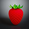 Fresh Red Strawberry with Green Leaves Shiny Surface and Small Yellow Dots on Dark Background