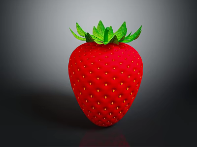Fresh Red Strawberry with Green Leaves Shiny Surface and Small Yellow Dots on Dark Background 3d model