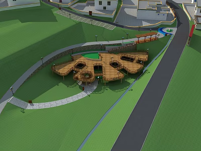Aerial View Planning of Green Lawn with Curved Path and Wooden Recreational Structure 3d model