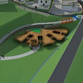 Aerial View Planning of Green Lawn with Curved Path and Wooden Recreational Structure