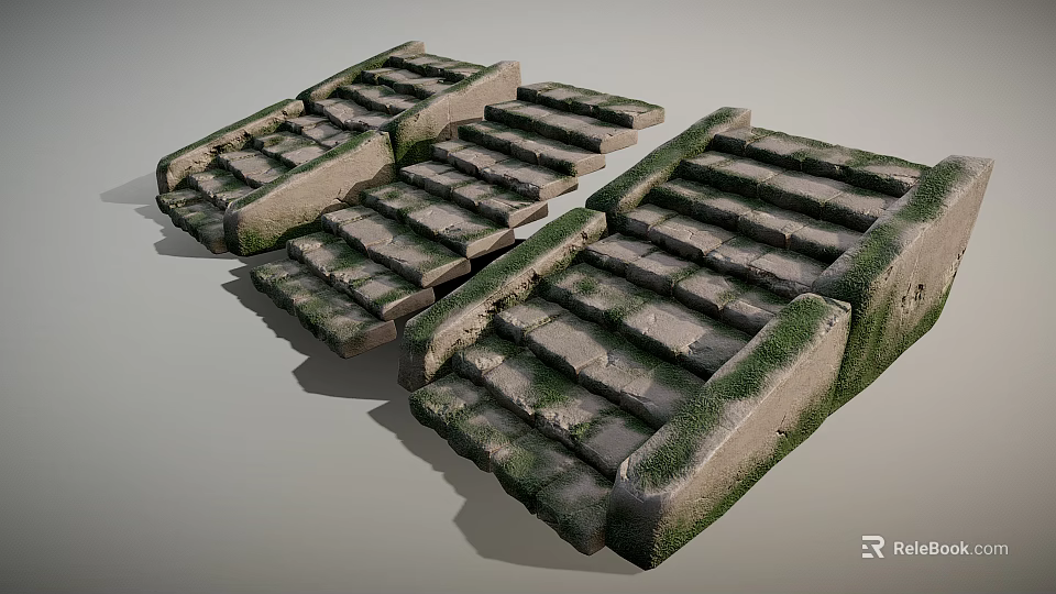 Three Weathered Stone Steps Covered With Lush Green Moss Naturally 3d model 