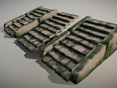 Three Weathered Stone Steps Covered With Lush Green Moss Naturally 3d model
