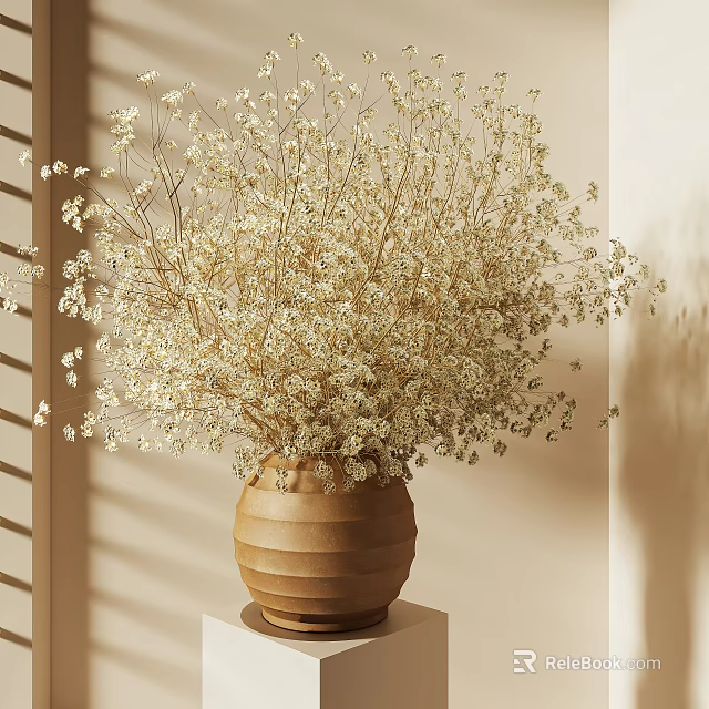 Brown Ceramic Vase Filled with White Gypsophila Flowers on Light Stand and Soft Light Shadows 3d model 