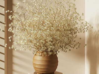 Brown Ceramic Vase Filled with White Gypsophila Flowers on Light Stand and Soft Light Shadows 3d model