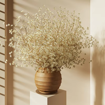Brown Ceramic Vase Filled with White Gypsophila Flowers on Light Stand and Soft Light Shadows 3d model