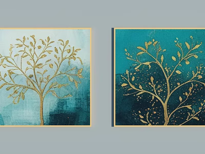 Modern Plant Paintings With Golden Branches And Blue Gold Background For Home Decor 3d model