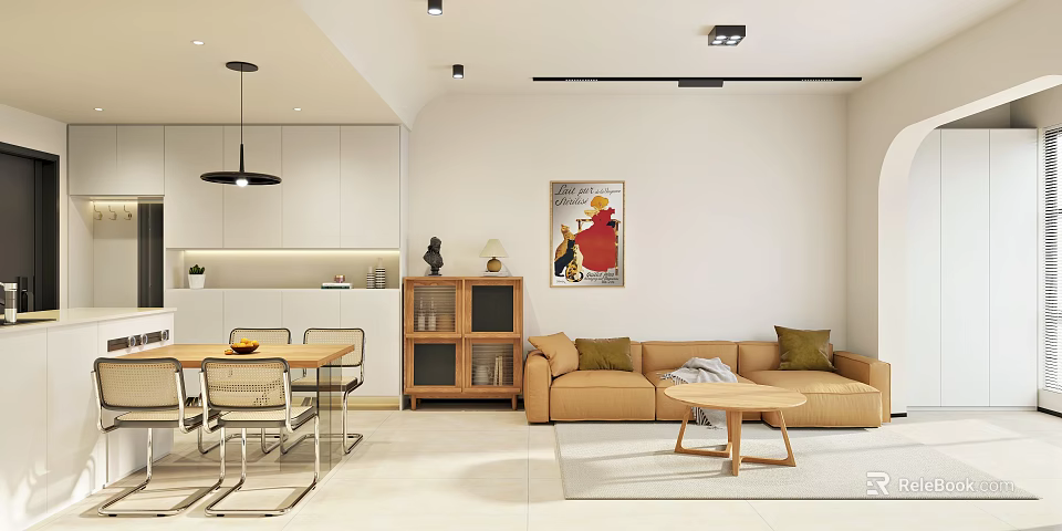 Modern Living and Dining Room Interior Design With Beige Sofa Dining Table And Artwork 3d model