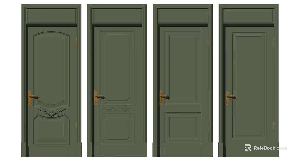 Green Swing Doors With Various Panel Designs And Brass Handles 3d model