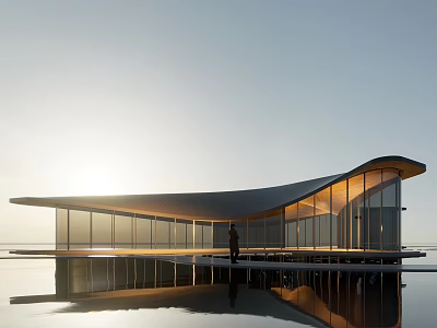 Modern Sales Office Building With Streamlined Roof Glass Curtain Wall And Water Reflection In Sunset Light 3d model