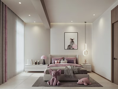 Modern Kids Bedroom With Plush Toys Zebra Art And Pink Accents 3d model