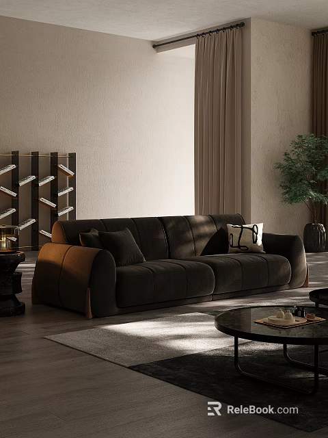 Modern Living Room With Dark Sofa Coffee Table Curtains Plant And Decorative Shelf 3d model 