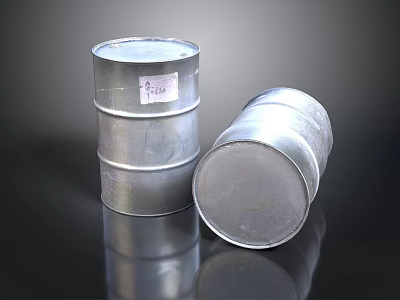 Silver Metal Drums Standing And Tilted With Label On Reflective Surface 3d model