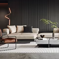 Modern Living Room Interior Design With Dark Striped Walls Ceiling Light Strips And Beige Sofas