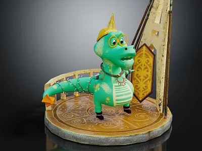 Cartoon Dinosaur Themed Children's Furniture With Green Body Golden Crown And Round Base 3d model