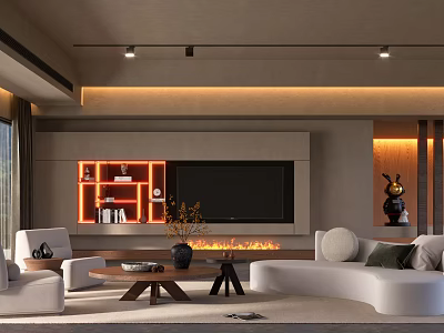 Modern Living Room Interior With TV Wall Fireplace Sofa And Decorative Shelves 3d model