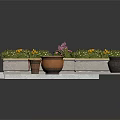 Long Stone Flower Planter With Mixed Colorful Flowers And Decorative Clay Urns