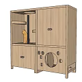 Wooden Garden Ornament Cabinet With Cat Figurine And Circular Holes Design