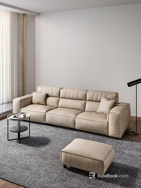 Modern Beige Leather Sofa And Coffee Table Set With Floor Lamp Area Rug 3d model 
