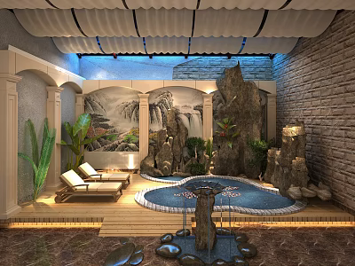 Luxury Villa Balcony with Rockery Waterfall Pool Loungers Green Plants Mural Stone Walls Wooden Flooring 3d model