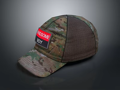 Camo Pattern Cap With Red Handsome Boy Label And Mesh Panel 3d model