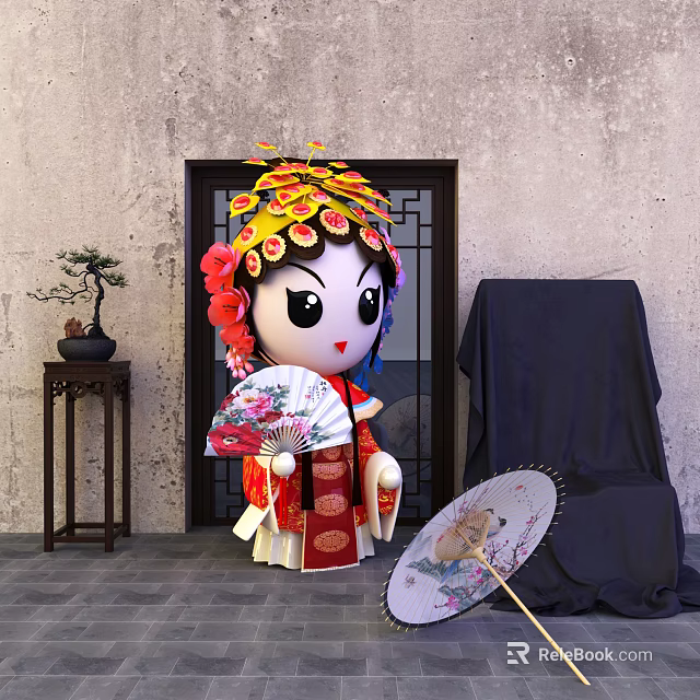 Chinese Opera Themed Cartoon Doll In Traditional Costume With Ornate Headdress And Folding Fan 3d model 