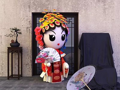 Chinese Opera Themed Cartoon Doll In Traditional Costume With Ornate Headdress And Folding Fan 3d model