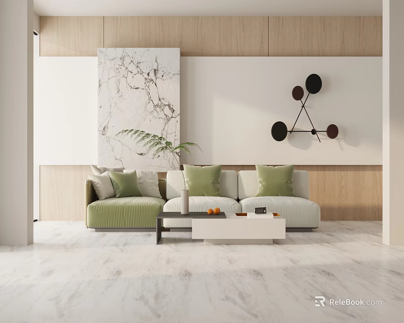 Three Seater Sofa in Green and White with Wooden Wall and Marble Painting 3d model 